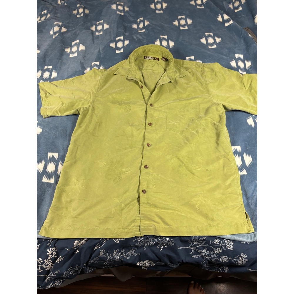 Kahala 1936 Mens L Lime Green Tropical Jacquard Short Sleeve Button Down Shirt